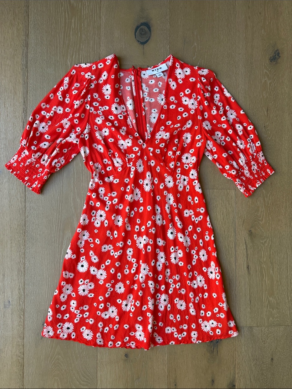RIXO Red Daisy-Print V-Neck Mini Dress